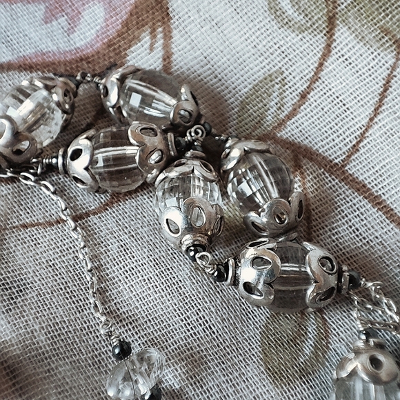 Vintage Rosary Clear Oval Faceted Glass Threaded Chain Silver Tone Necklace - Picture 5 of 9